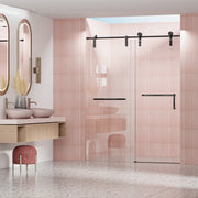 56'-60' W x 76' H Frameless Shower Door, Single Sliding Shower Door, 5/16' (8mm) Clear Tempered Glass Shower Door Explosion-Proof Film, Stainless Steel Hardware, Matte Black 24D210-60MB-COMBO-1