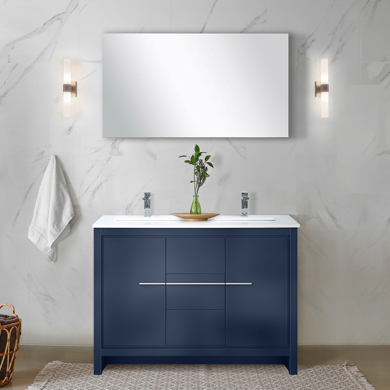 Navy Blue Double Bath Vanity 48 in. W x 20 in. D, White Quartz Top and Chrome Faucet Set