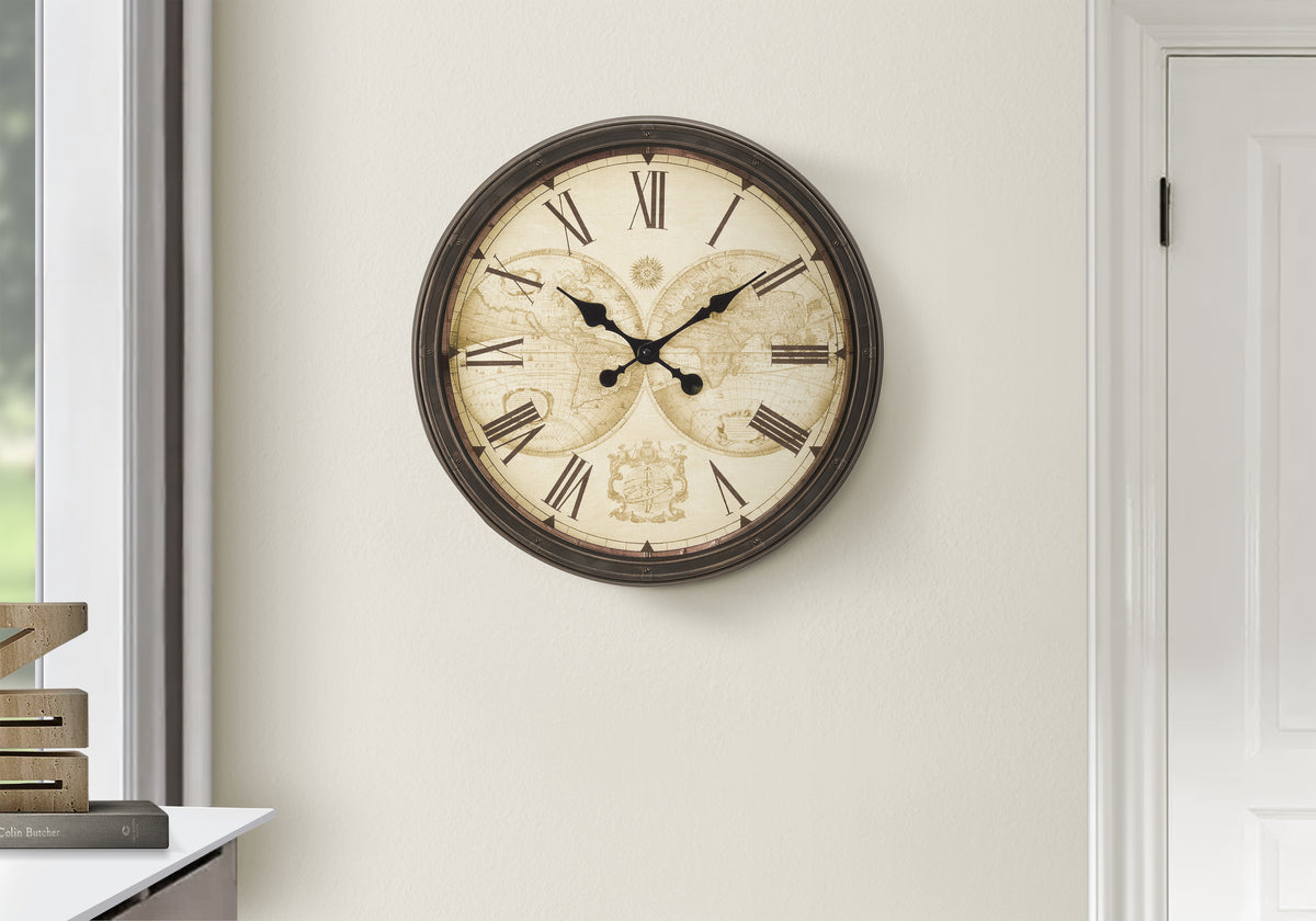 Clocks, 20' Round, Wall Clock, Antique Brown, Transitional