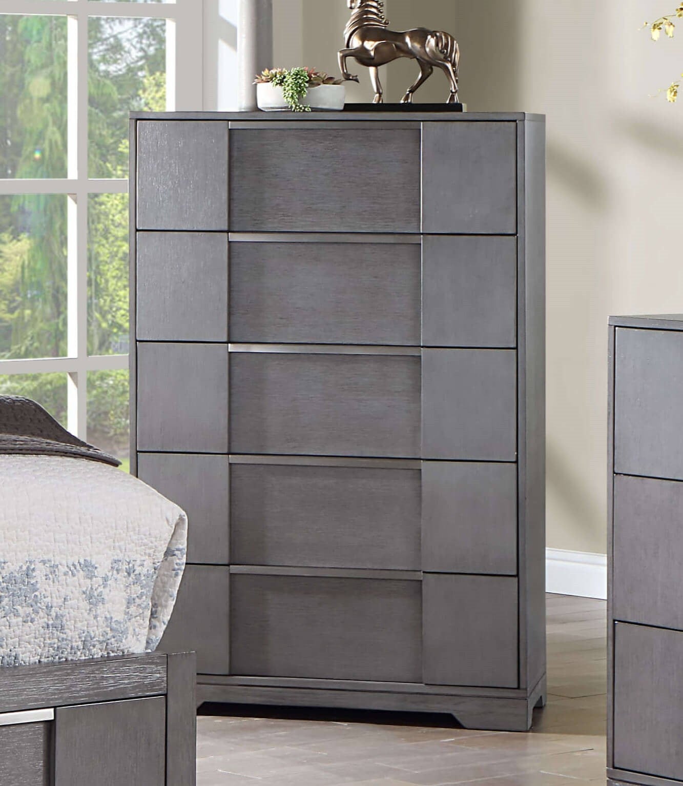 Gray Finish Contemporary Style 1pc Chest English Dovetail Drawers Nickel Fingers Pull Ball Bearing Glides Bedroom Furniture