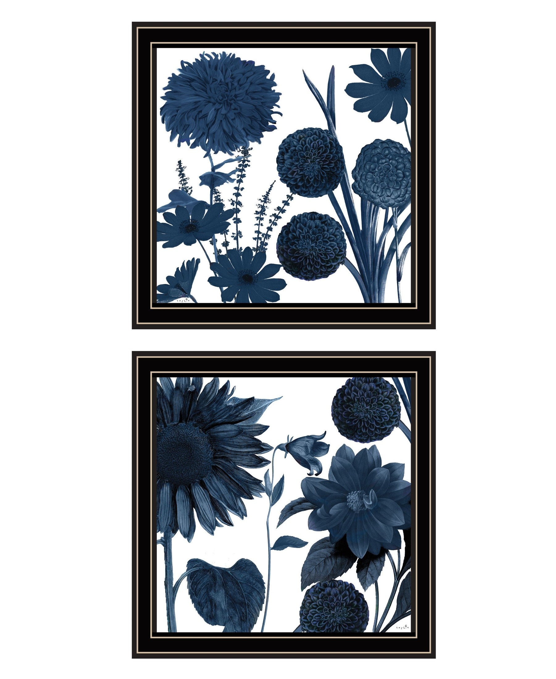 'Sunflower Blues' 2-Piece Vignette by Sophie 6, Ready to Hang Framed Print, Black Frame