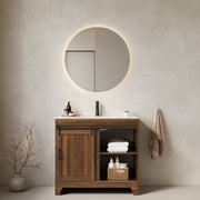 RIKA 36' Bathroom Vanity with Sink, Freestanding Farmhouse Style Bathroom Storage Cabinet with Sliding Barn Door and Shelves, Sintered Stone Countertop and Ceramic Basin, Dark Walnut Woodgrain Color