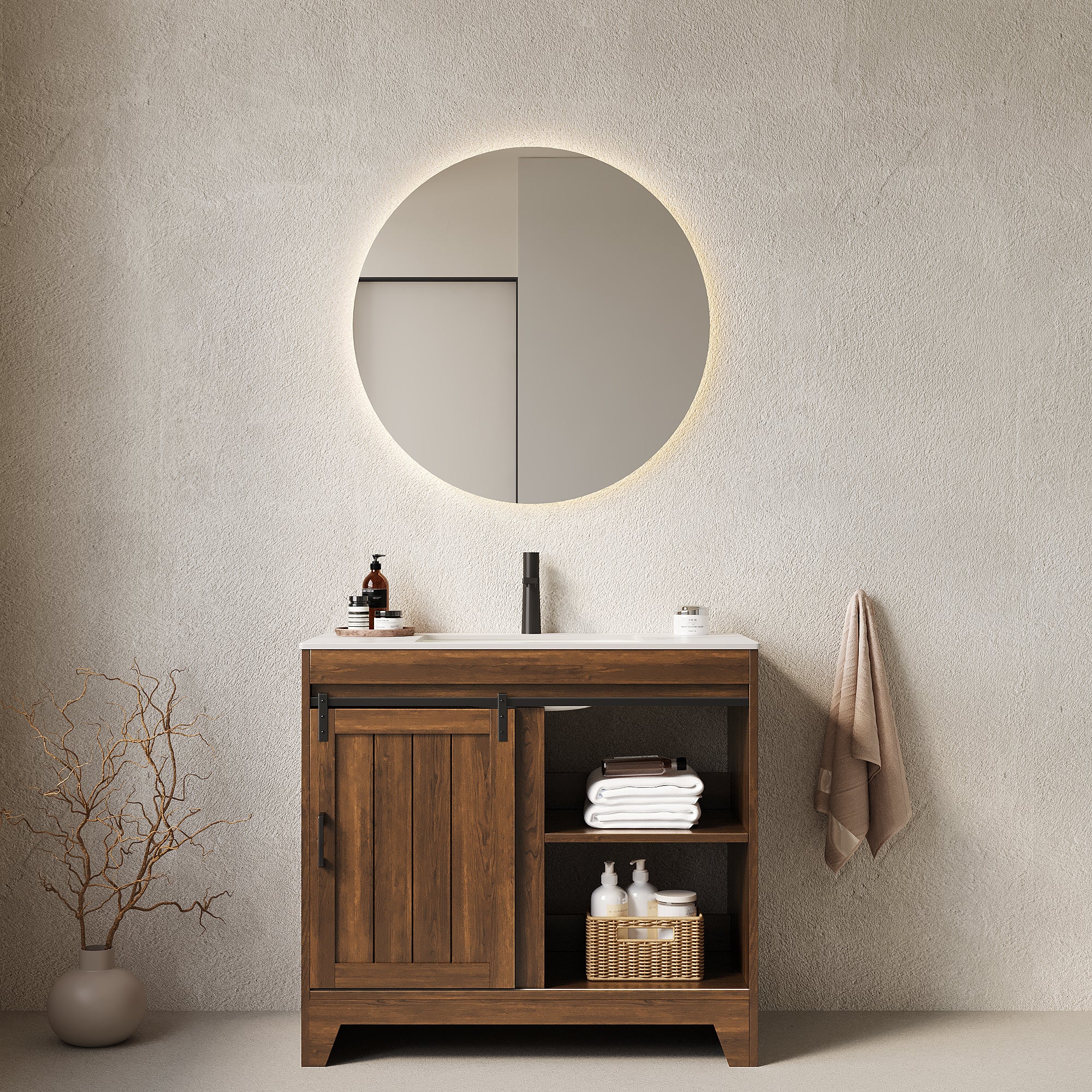 RIKA 36' Bathroom Vanity with Sink, Freestanding Farmhouse Style Bathroom Storage Cabinet with Sliding Barn Door and Shelves, Sintered Stone Countertop and Ceramic Basin, Dark Walnut Woodgrain Color