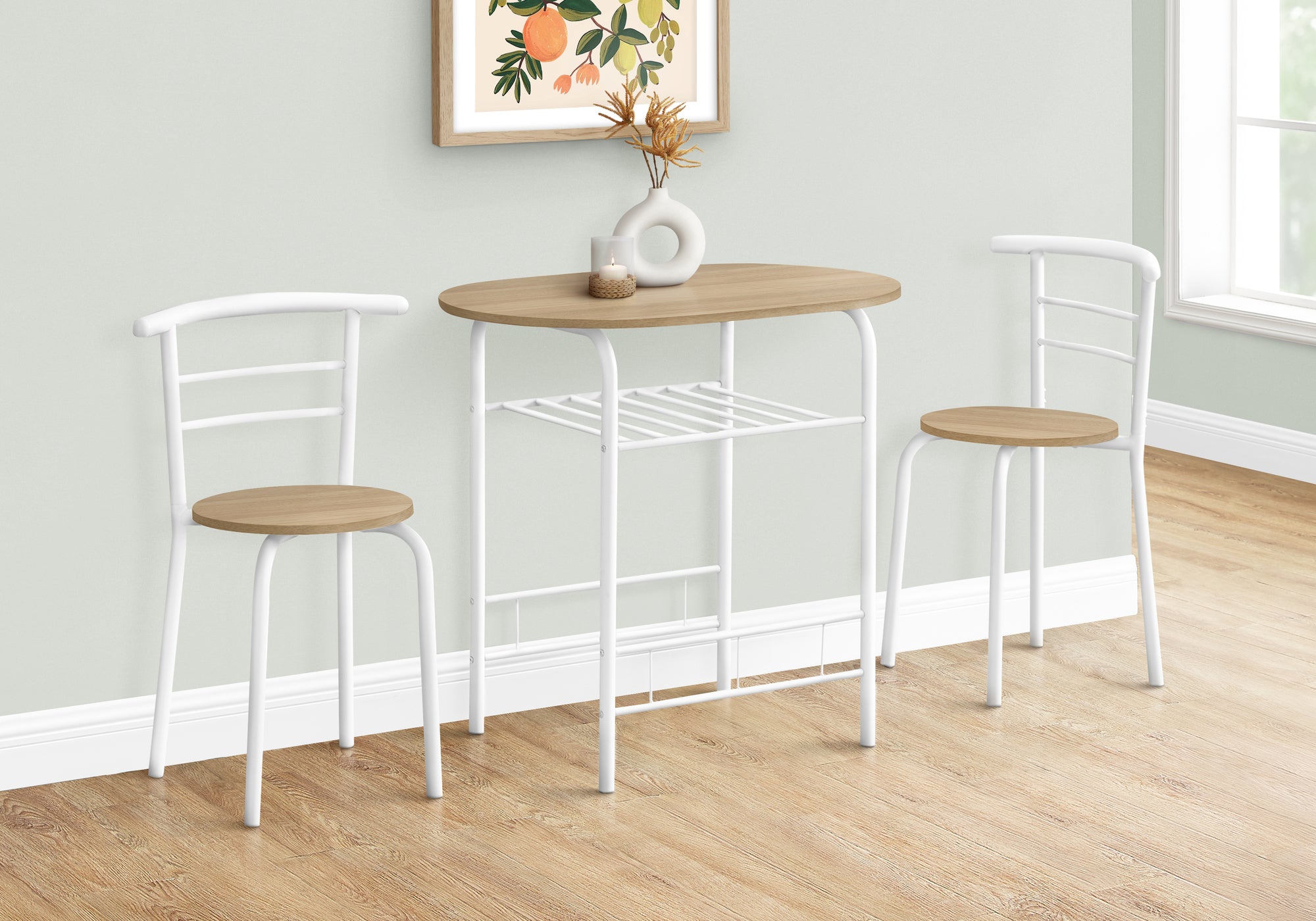 Dining Table Set, 3pcs Set, Small, 32' L, Kitchen, Natural Laminate, White Metal, Contemporary, Modern