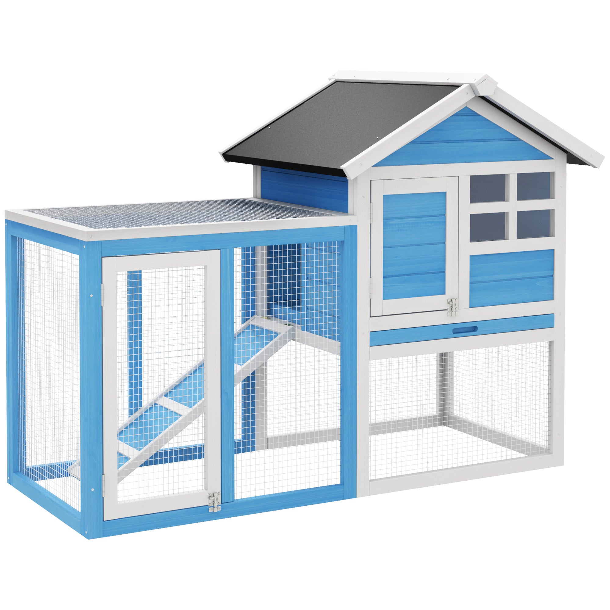 PawHut 48' Wooden Rabbit Hutch Bunny Cage with Waterproof Asphalt Roof, Fun Outdoor Run, Removable Tray and Ramp, Light Blue