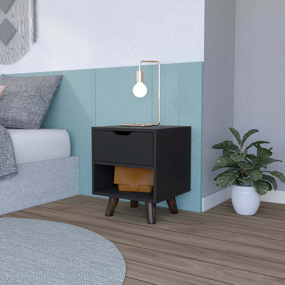 Modern Nightstand 19'H with Spacious Drawer, Open Storage Shelf and Chic Wooden Legs, Black