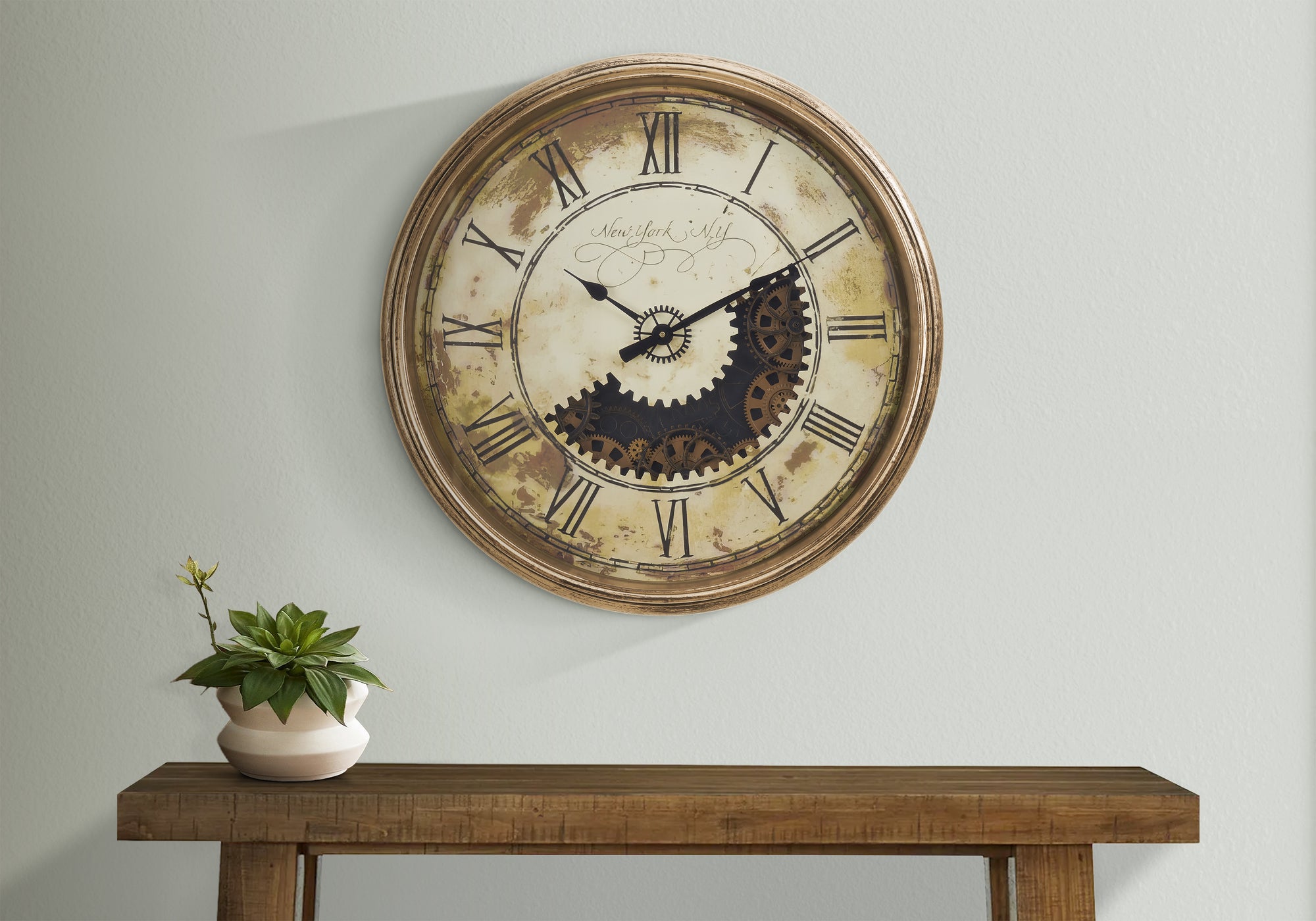 Clocks, 30' Round, Gear Mechanism, Large Oversized, Wall Clock, Antique Gold, Transitional