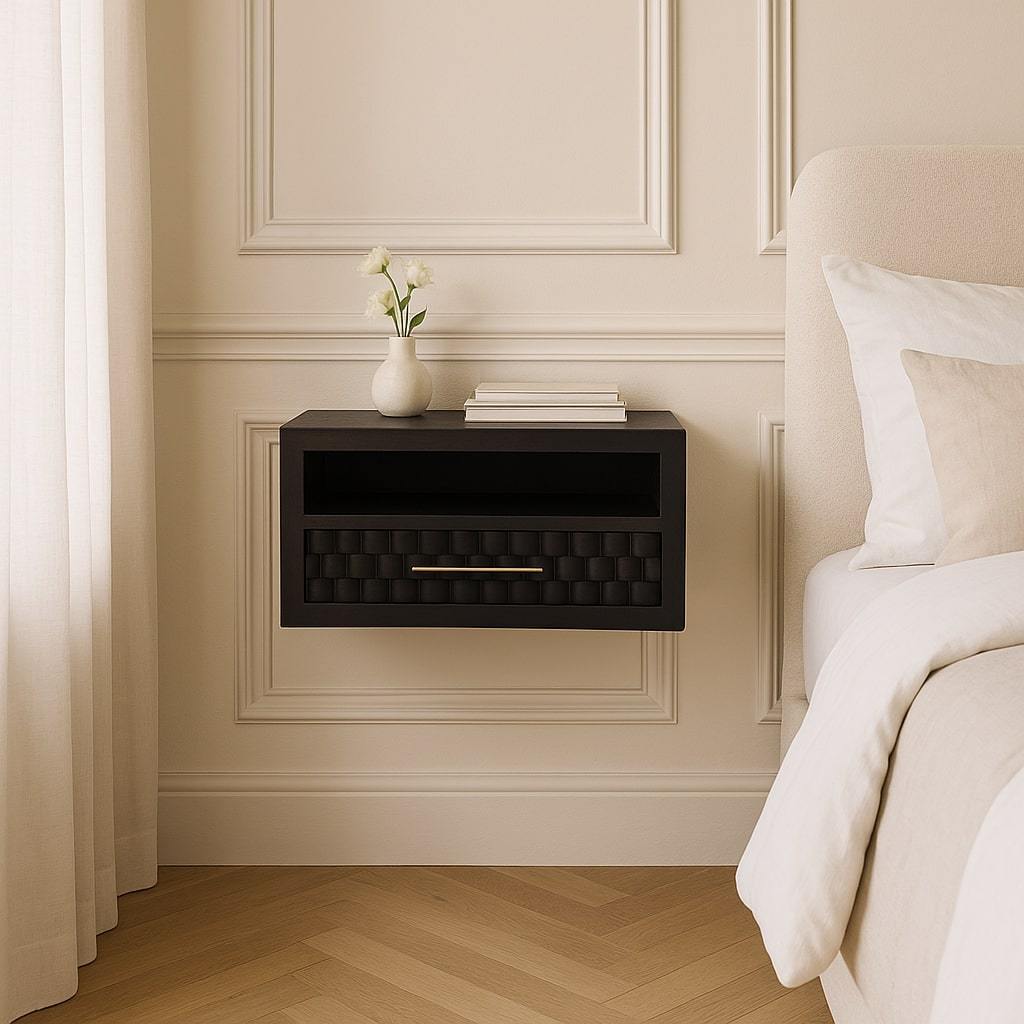 Solid Wood Arno Wall-Mounted Nightstand,Black,1-Shelf,1-Drawers