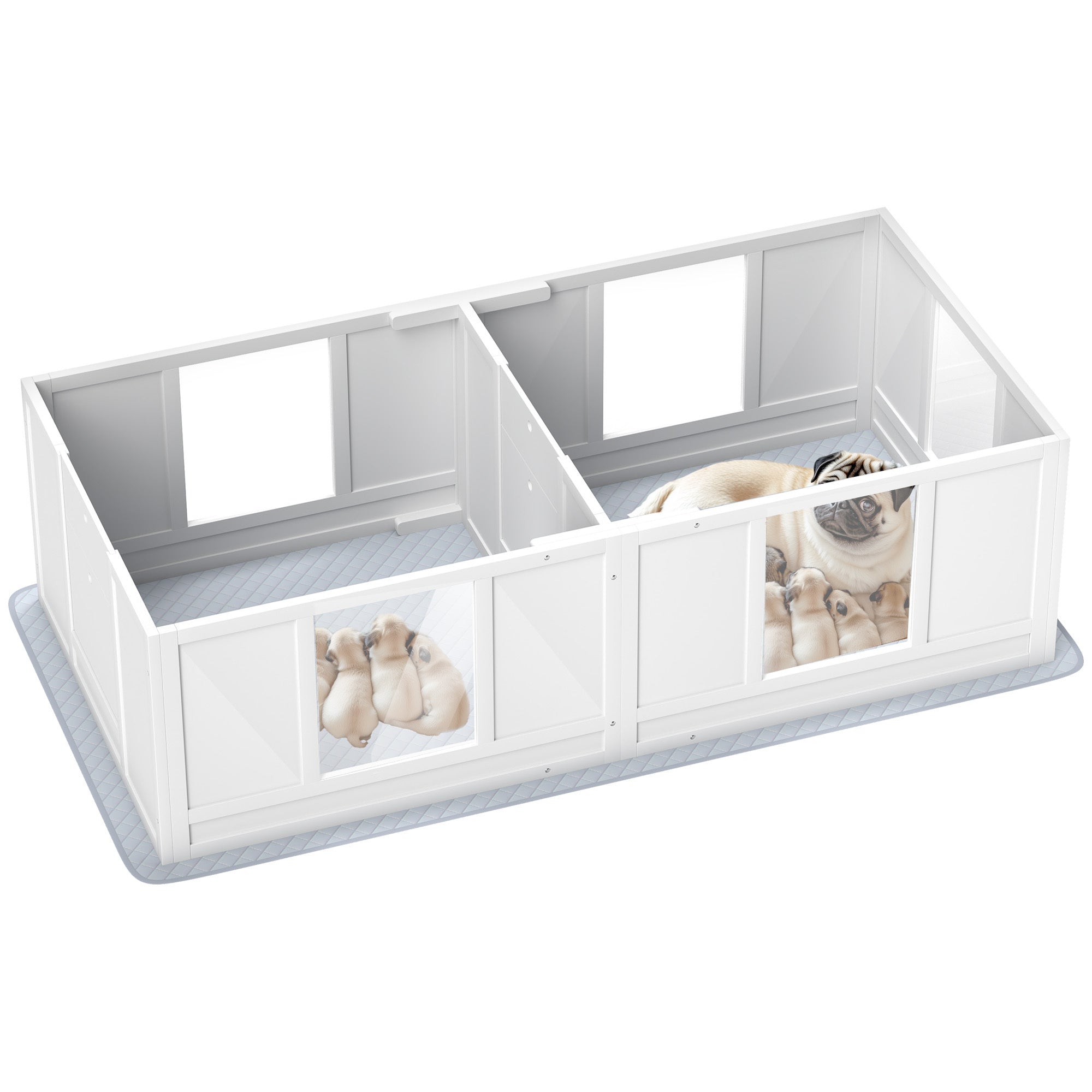 PawHut Whelping Box for Dogs with Waterproof Whelping Pad, Dog Whelping Pen with Clear Panels, Adjustable Entrance, Double Room, Non-slip Foot Pads, for Small Dogs, 65' L x 31.5' W x 19' H