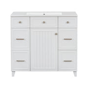 Transitional 36' Bathroom Vanity with Ceramic Sink, Soft Close Doors, and Adjustable Shelves, White Solid Wood Frame