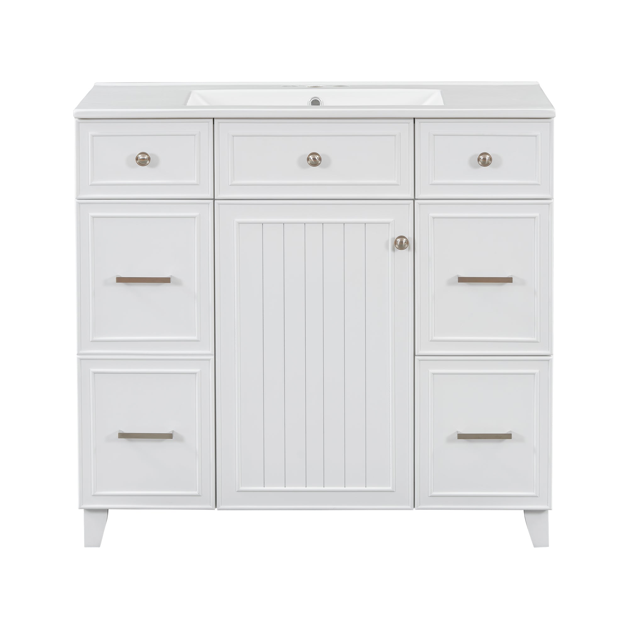 Transitional 36' Bathroom Vanity with Ceramic Sink, Soft Close Doors, and Adjustable Shelves, White Solid Wood Frame
