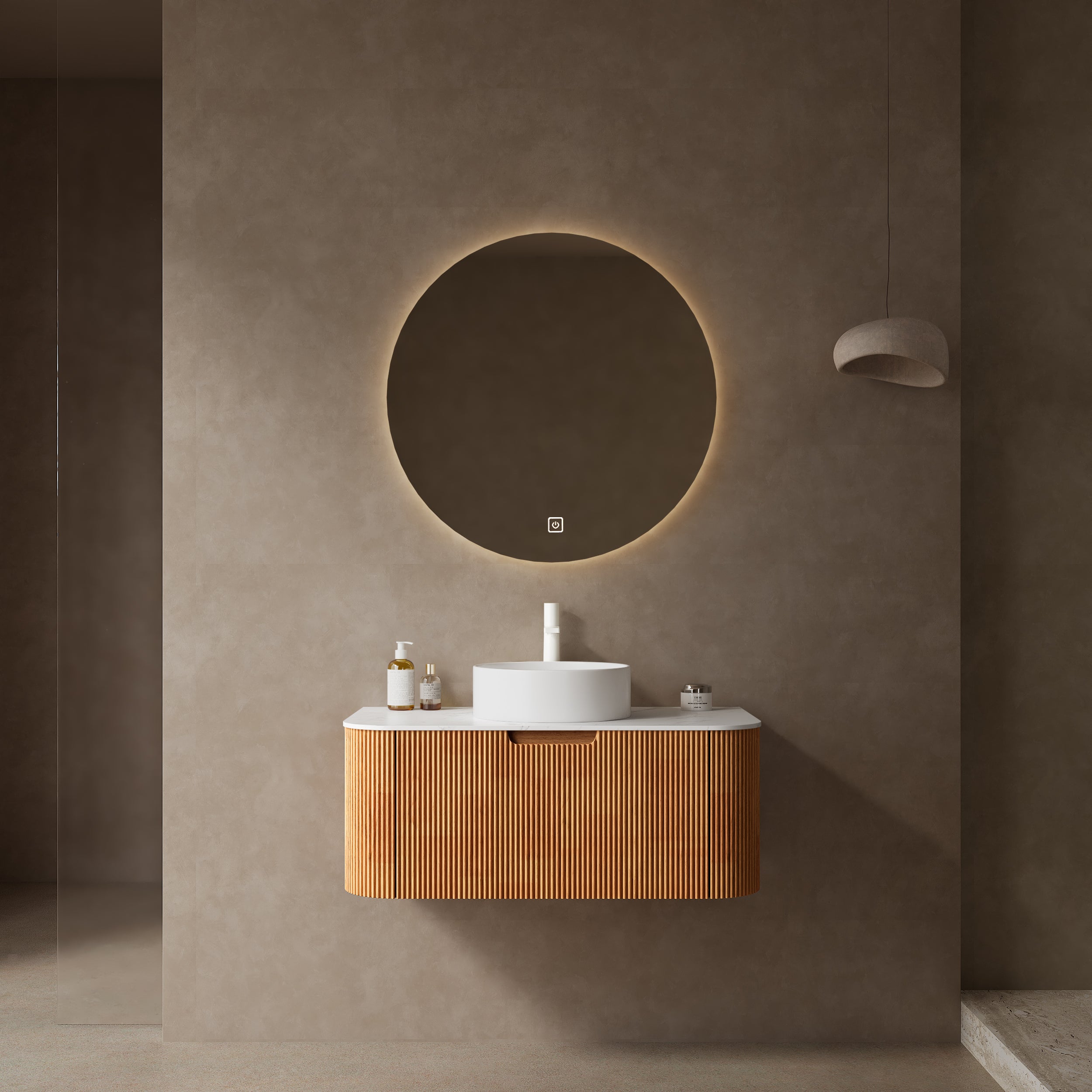 DINA 36' Bathroom Vanity with Sink, Wall-Mounted Floating Curved Edges Striped Bathroom Storage Cabinet with a Drawer, White Round Ceramic Basin without Faucet, Pre-assembled, Natural Woodgrain Color