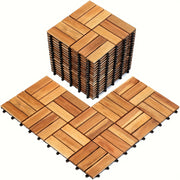 10pcs Deck Tiles - 11.8'x11.8' Interlocking Natural Solid Acacia Wood for Outdoor & Indoor, Patio Garden, Balcony, Poolside - Natural Color