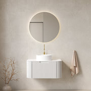 DINA 30' Bathroom Vanity with Sink, Wall-Mounted Floating Curved Edges Striped Bathroom Storage Cabinet with Drawer, White Round Ceramic Basin with Stone Pattern, Pre-assembled, White Color
