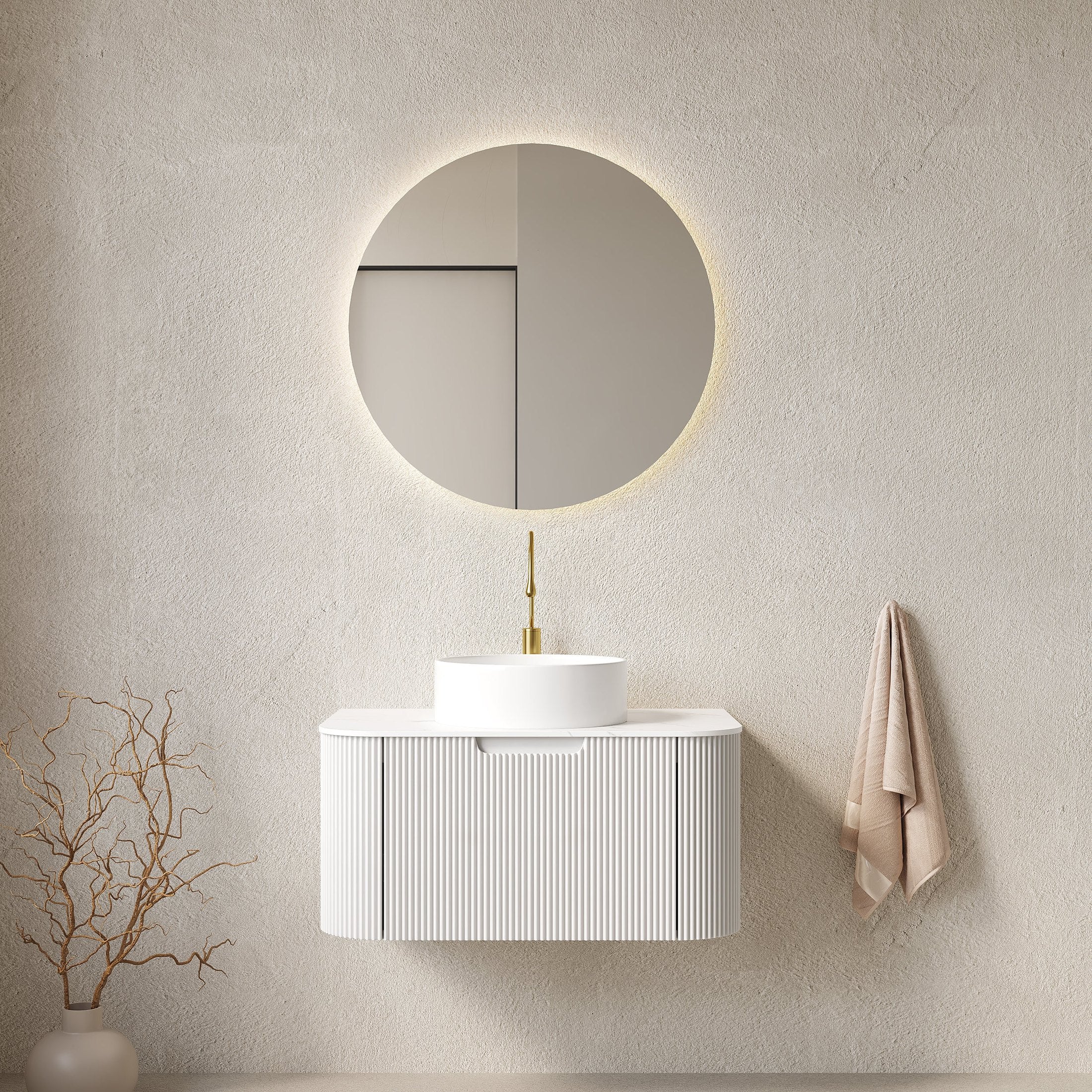 DINA 30' Bathroom Vanity with Sink, Wall-Mounted Floating Curved Edges Striped Bathroom Storage Cabinet with Drawer, White Round Ceramic Basin with Stone Pattern, Pre-assembled, White Color