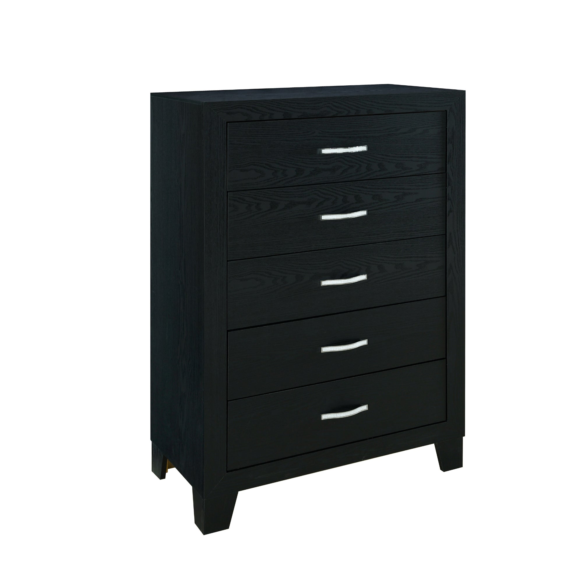 Contemporary CARLOS Black Chest with 5 Drawer Storage and Glamour Accents in Solid Wood and MDF