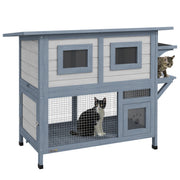 PawHut Outdoor Cat House, 2 Tier Weatherproof Feral Cat Shelter with Escape Door, Asphalt Roof, Jump Platform, Large Wooden Cat House for Outside, Backyard, Light Gray