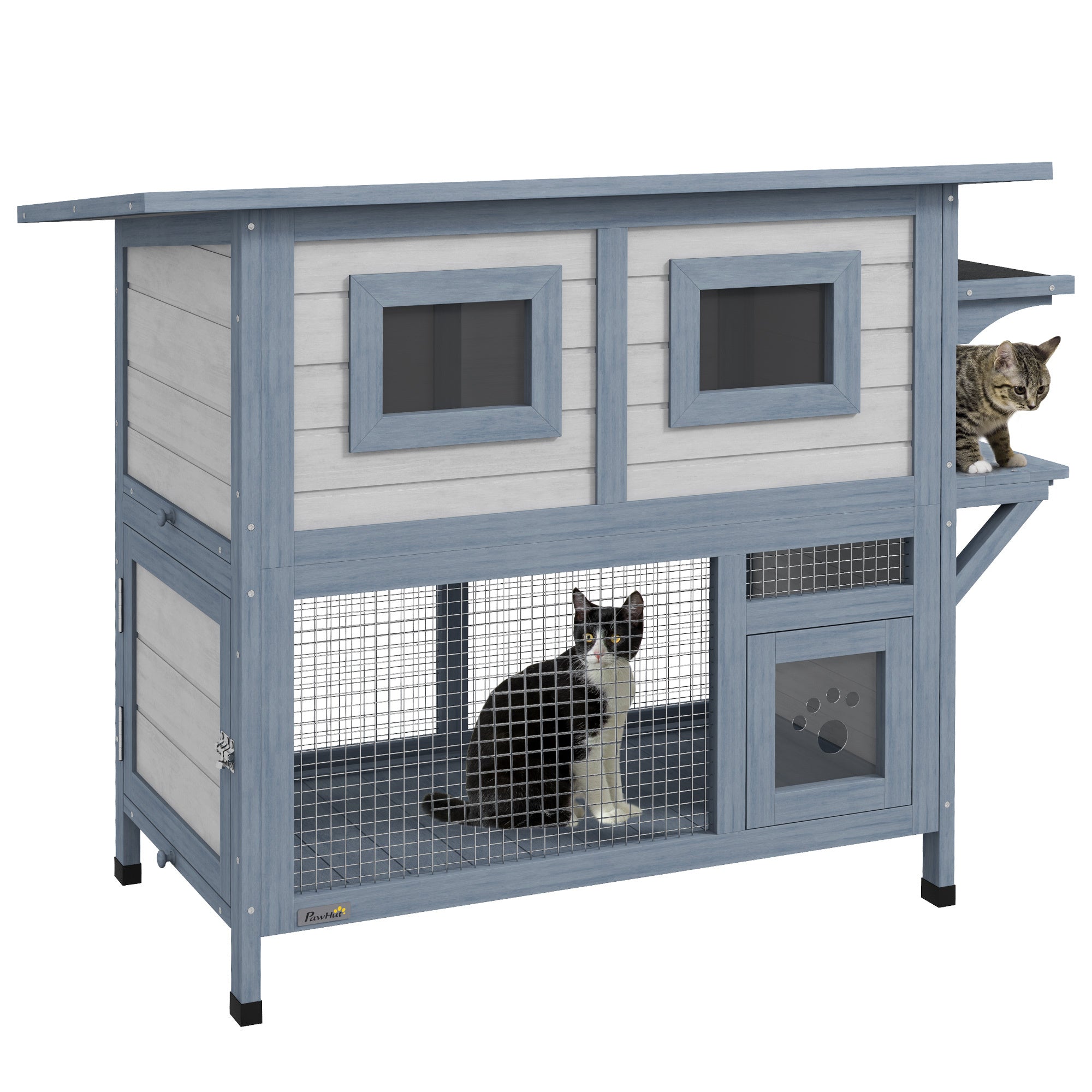 PawHut Outdoor Cat House, 2 Tier Weatherproof Feral Cat Shelter with Escape Door, Asphalt Roof, Jump Platform, Large Wooden Cat House for Outside, Backyard, Light Gray