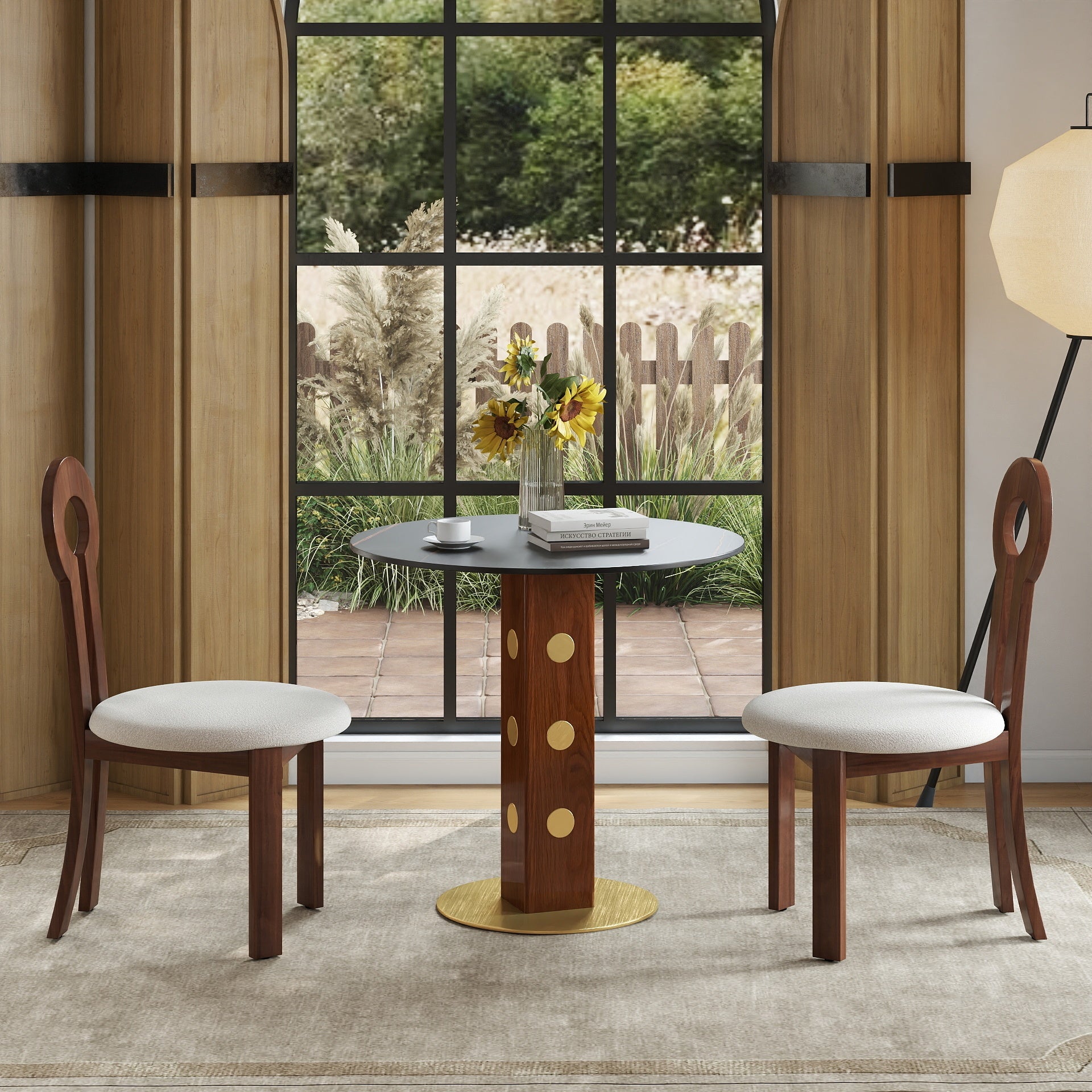 Modern Round Dining Table, 33.5' Sintered Stone Table with Wooden Leg & Gold Base, 2 - Person Kitchen Table for Small Space, 150lbs Weight Capacity(Only the Negotiation Table)