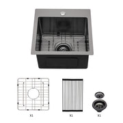 Gunmetal Black Topmount 16G Stainless Steel Kitchen Sink Deep Single Bowl 15x15x9 Inch