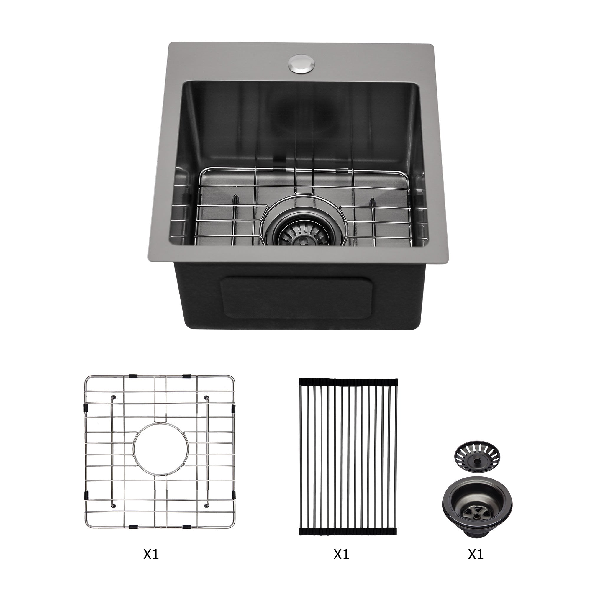 Gunmetal Black Topmount 16G Stainless Steel Kitchen Sink Deep Single Bowl 15x15x9 Inch