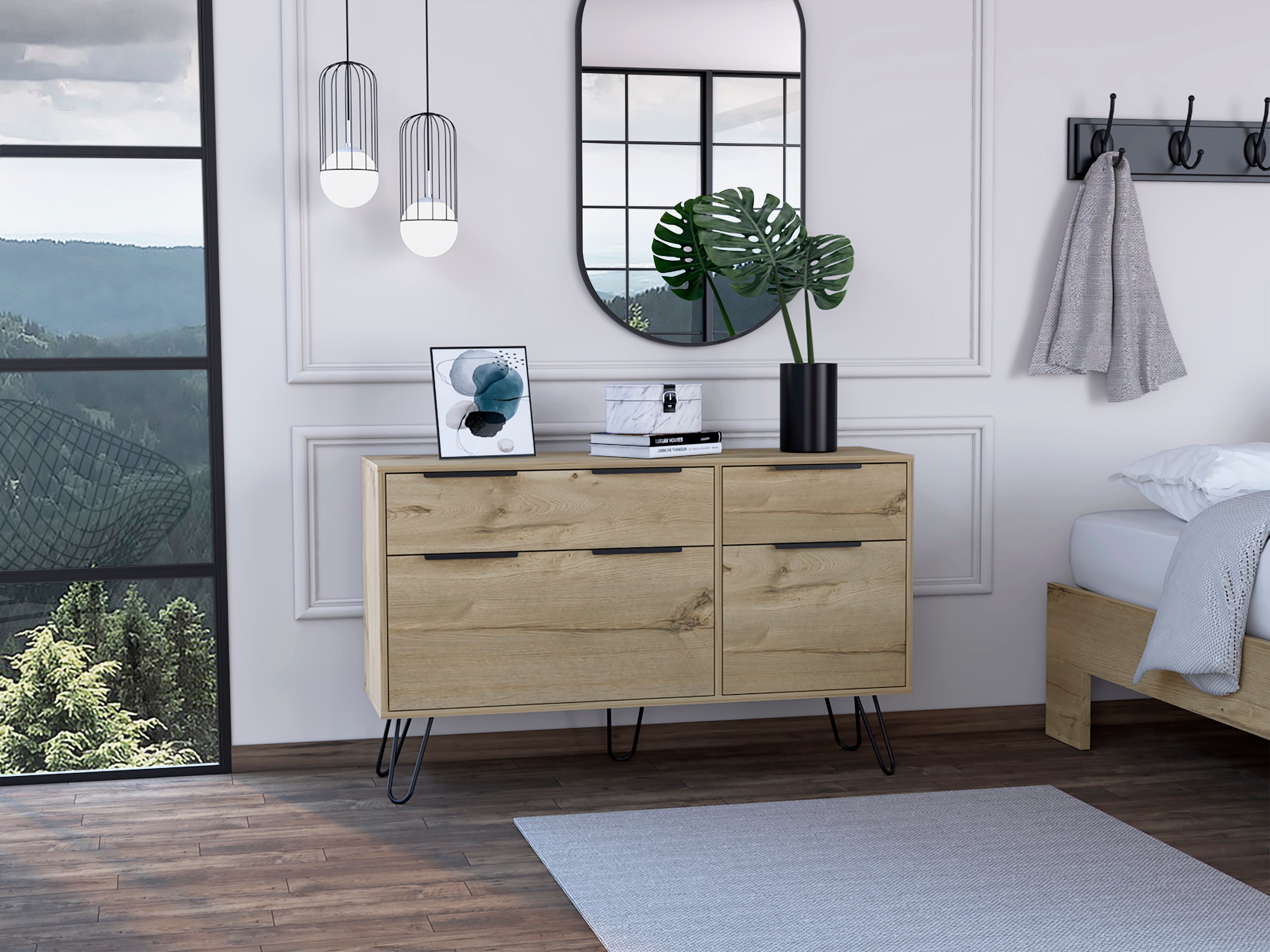 Double Dresser, Four Drawers, Superior Top, Hairpin Legs, Light Oak