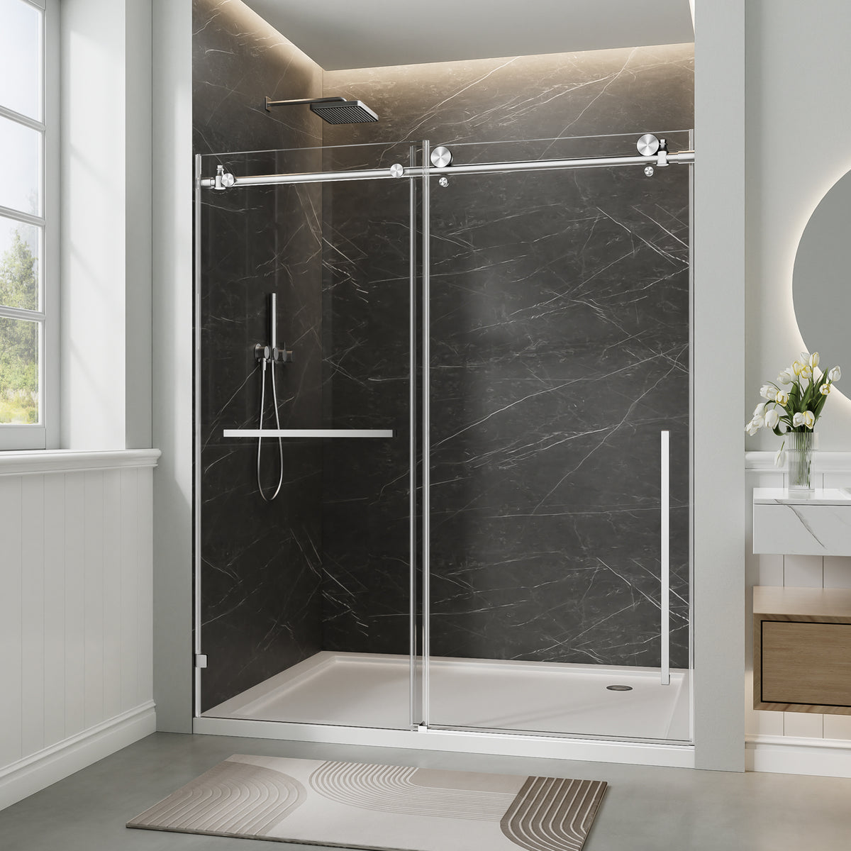 56'-60' W x 78' H Frameless Single Sliding Shower Door, Brushed Nickel Bathtub Door, 3/8' (10mm) Clear Tempered Glass With Explosion-proof Film, Stainless Steel Handle