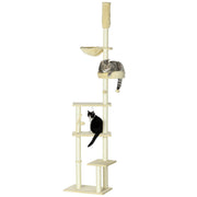 PawHut Floor to Ceiling Cat Tree, 90.5' - 98.5' Adjustable Height, Cat Climbing Tower with Carpeted Platforms, Cozy Bed, Hammock, Scratching Posts, Toy Balls, Activity Center for Kittens, Beige