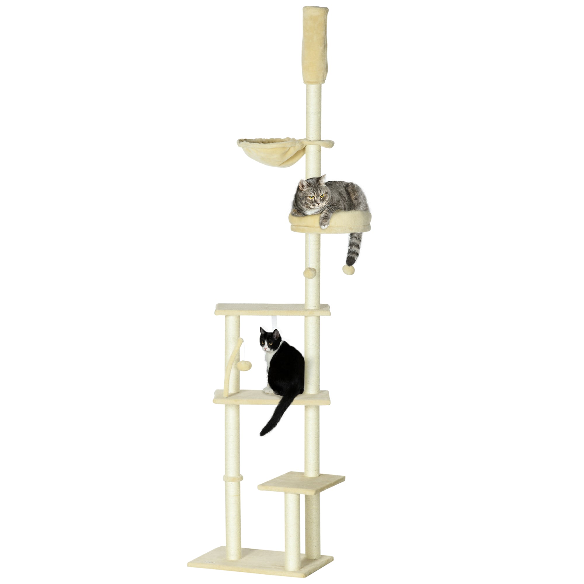 PawHut Floor to Ceiling Cat Tree, 90.5' - 98.5' Adjustable Height, Cat Climbing Tower with Carpeted Platforms, Cozy Bed, Hammock, Scratching Posts, Toy Balls, Activity Center for Kittens, Beige