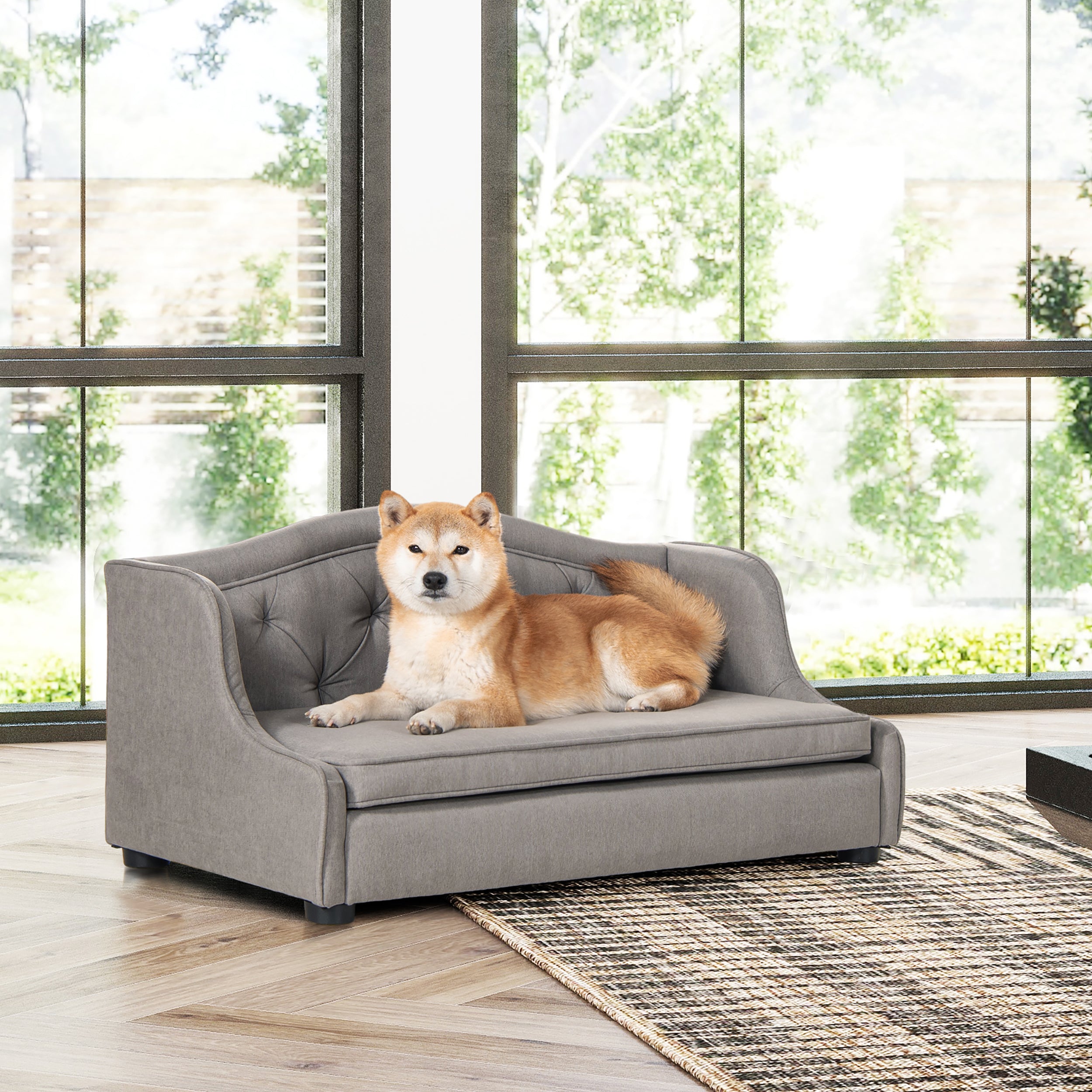 Robin 35' Tufted Wingback Pet Sofa Bed, Medium, Uptown Gray Stain Resistant High Performance Polyester