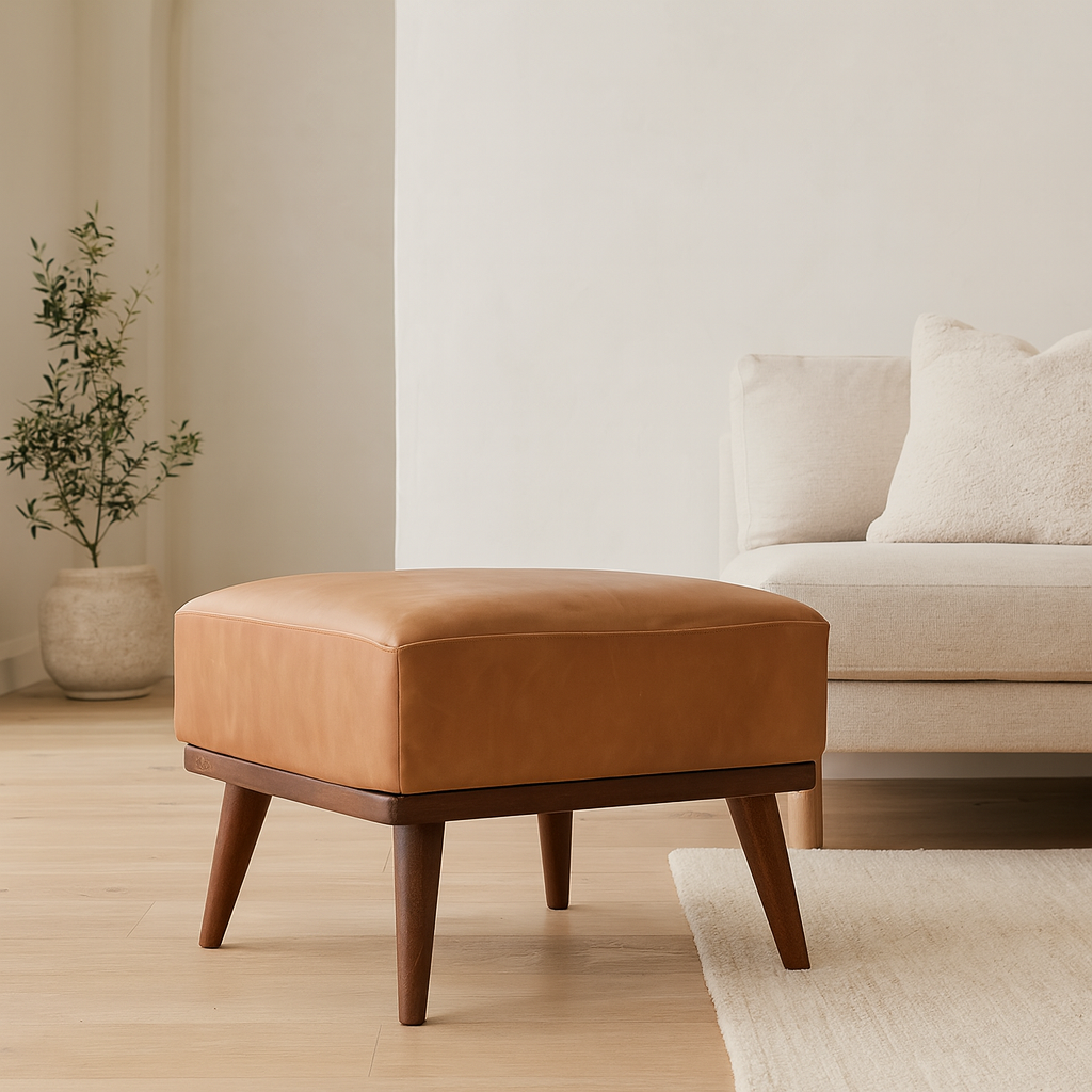 Tan Buffalo Leather Footstool, Upholstered, Nordic Legs, Tan and Dark Brown