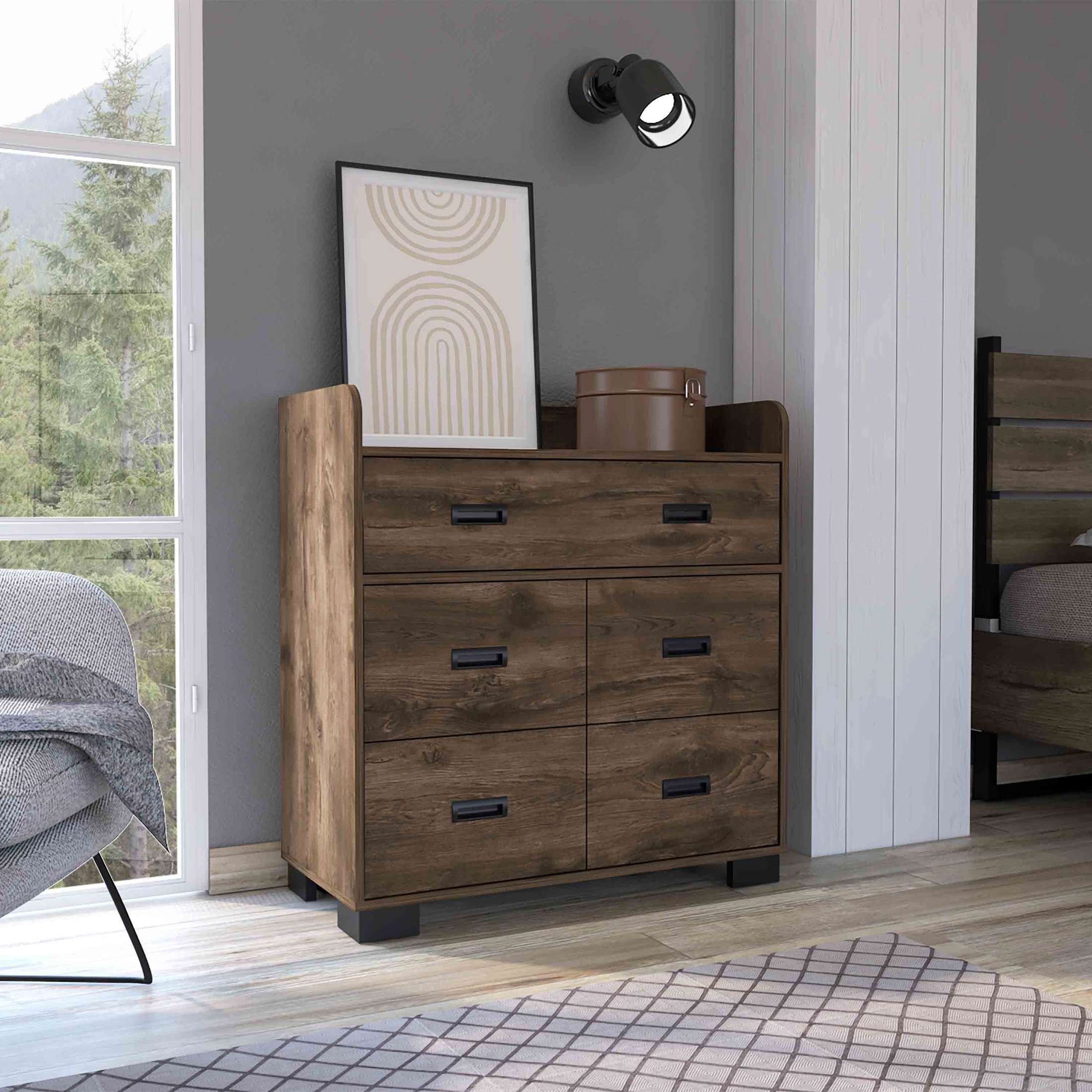 Alyn Dresser, Four Legs, Four Drawers, One Double Drawer, Superior Top -Dark Brown