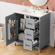 30-inch bathroom vanity with ceramic sink, rubberwood frame, MDF panels, one door with double storage racks, 3 drawers (one divided), soft-close hinges, and modern minimalist design