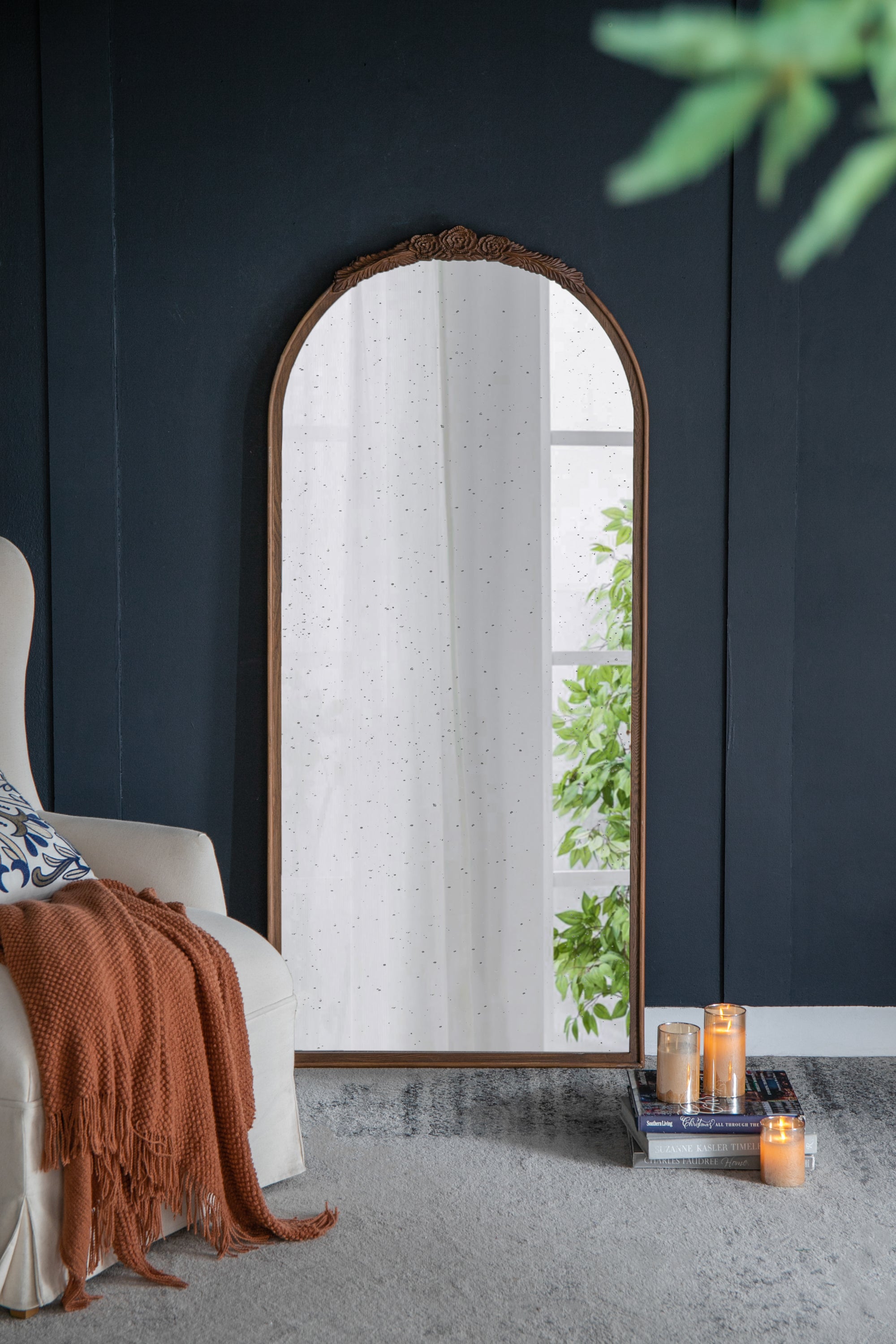 30' x 65'  Hand Carved Rose Antique Mirror Frame, Large Arch Mirror Wall Decor for Living Room, Bathroom, Entryway(Brown)