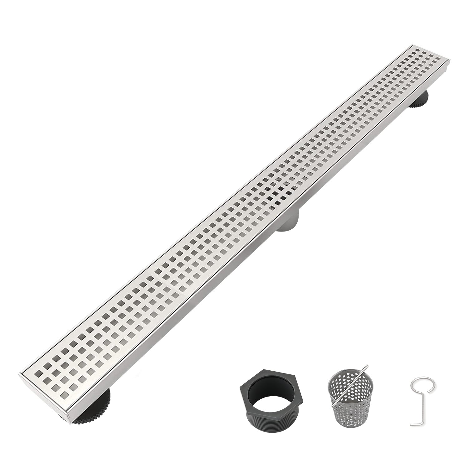 28 Inch Linear Shower Drain with Removable Quadrato Pattern Grate Cover, 304 Stainless Steel Shower Floor Drain with Hair Strainer and Leveling Feet
