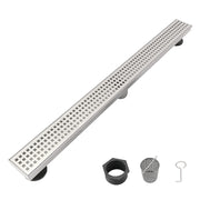28 Inch Linear Shower Drain with Removable Quadrato Pattern Grate Cover, 304 Stainless Steel Shower Floor Drain with Hair Strainer and Leveling Feet