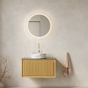 KOLAS 30' Bathroom Vanity with Sink, Wall-Mounted Plywood Bathroom Storage Cabinet with Drawer, Black Sintered Stone Countertop and Round Ceramic Basin, Pre-assembled, Corolla Oak Woodgrain Color