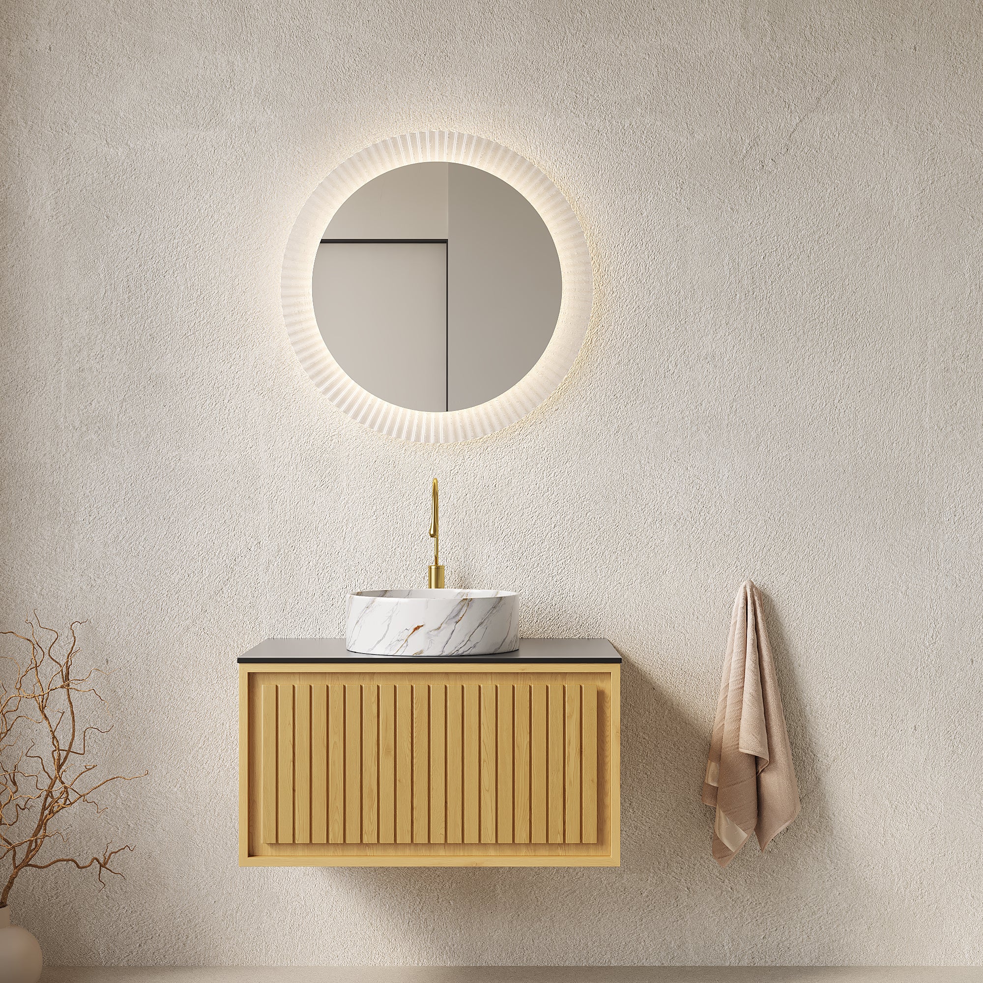 KOLAS 30' Bathroom Vanity with Sink, Wall-Mounted Plywood Bathroom Storage Cabinet with Drawer, Black Sintered Stone Countertop and Round Ceramic Basin, Pre-assembled, Corolla Oak Woodgrain Color