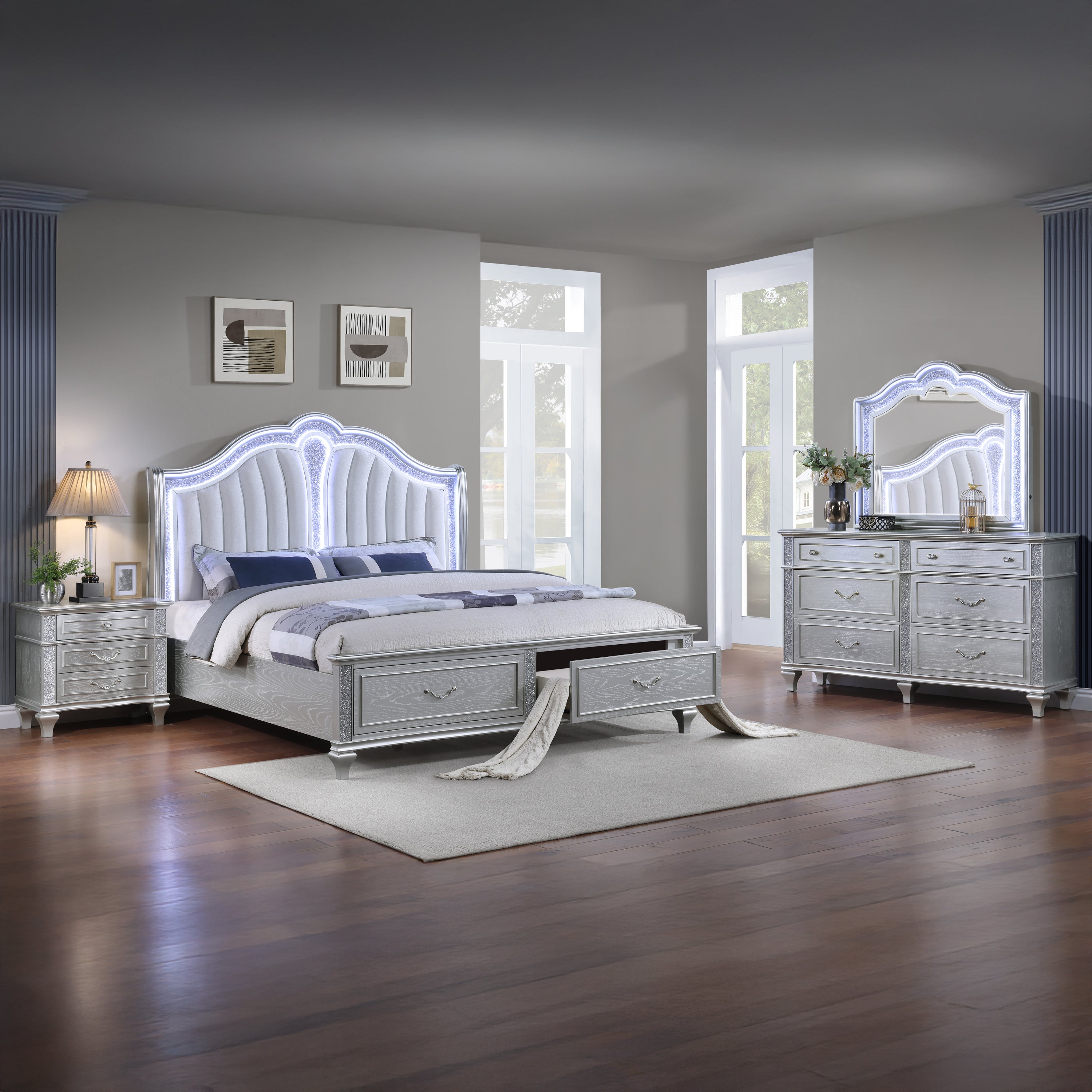 Mystic Contemporary Style Upholstered LED headboard Queen 4PC Bedroom Set made with Wood in Silver(NJ Inventory)