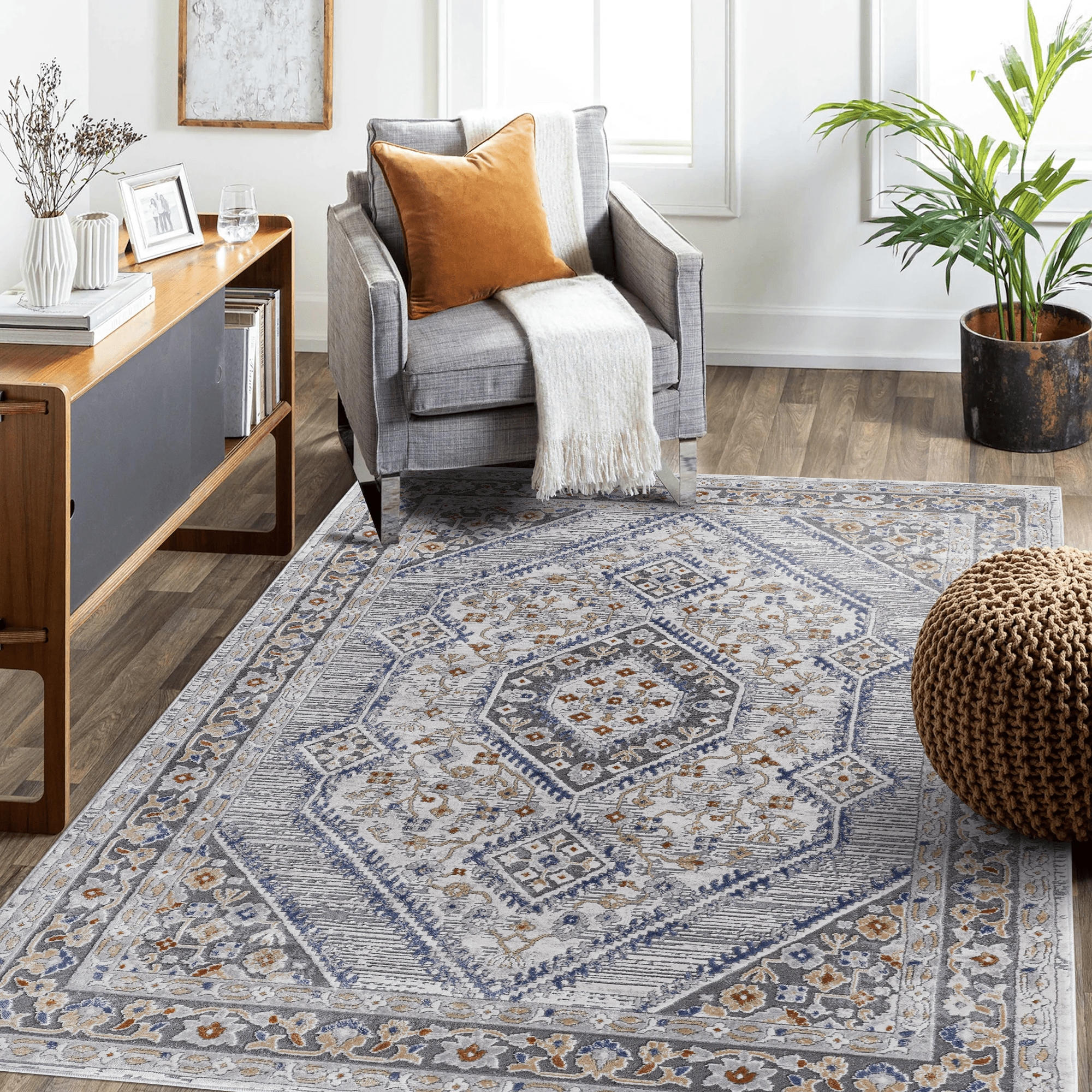 LOOM & LUXE Collection 6X9 Blue/Cream/Bordered Non-Shedding Living Room Bedroom Dining Home Office Stylish and Stain Resistant Area Rug