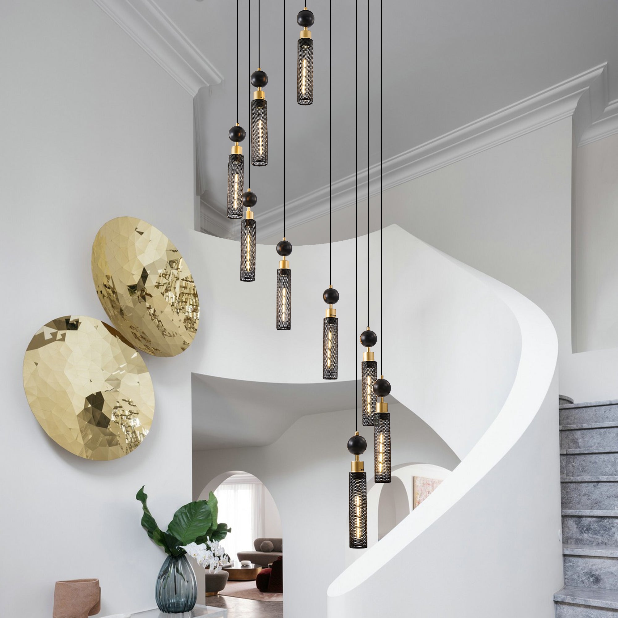 24' Modern Industrial Multi-Light Pendant Chandelier - 9-Light Black and Gold Adjustable Ceiling Light Fixture with Mesh Cylinder Shades for Living Room, Dining Room, or Staircase (Bulb Not Included)