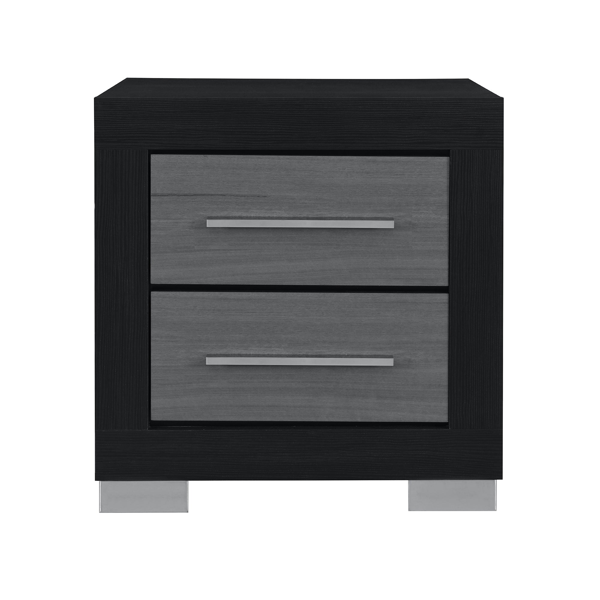 Elsa Two-Toned Nightstand with Bar Handle Style and Spacious Drawers in Black and Grey Solid Wood MDF