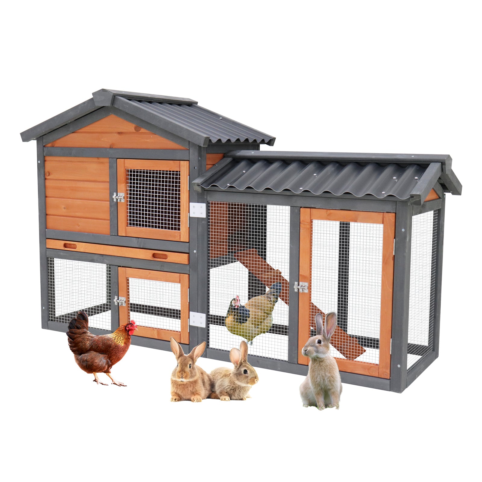58' Wooden Outdoor Indoor Roof Waterproof Bunny Hutch Rabbit Cage Guinea Pig Coop PET House for Small to Medium Animals with Stairs and Cleaning Tray