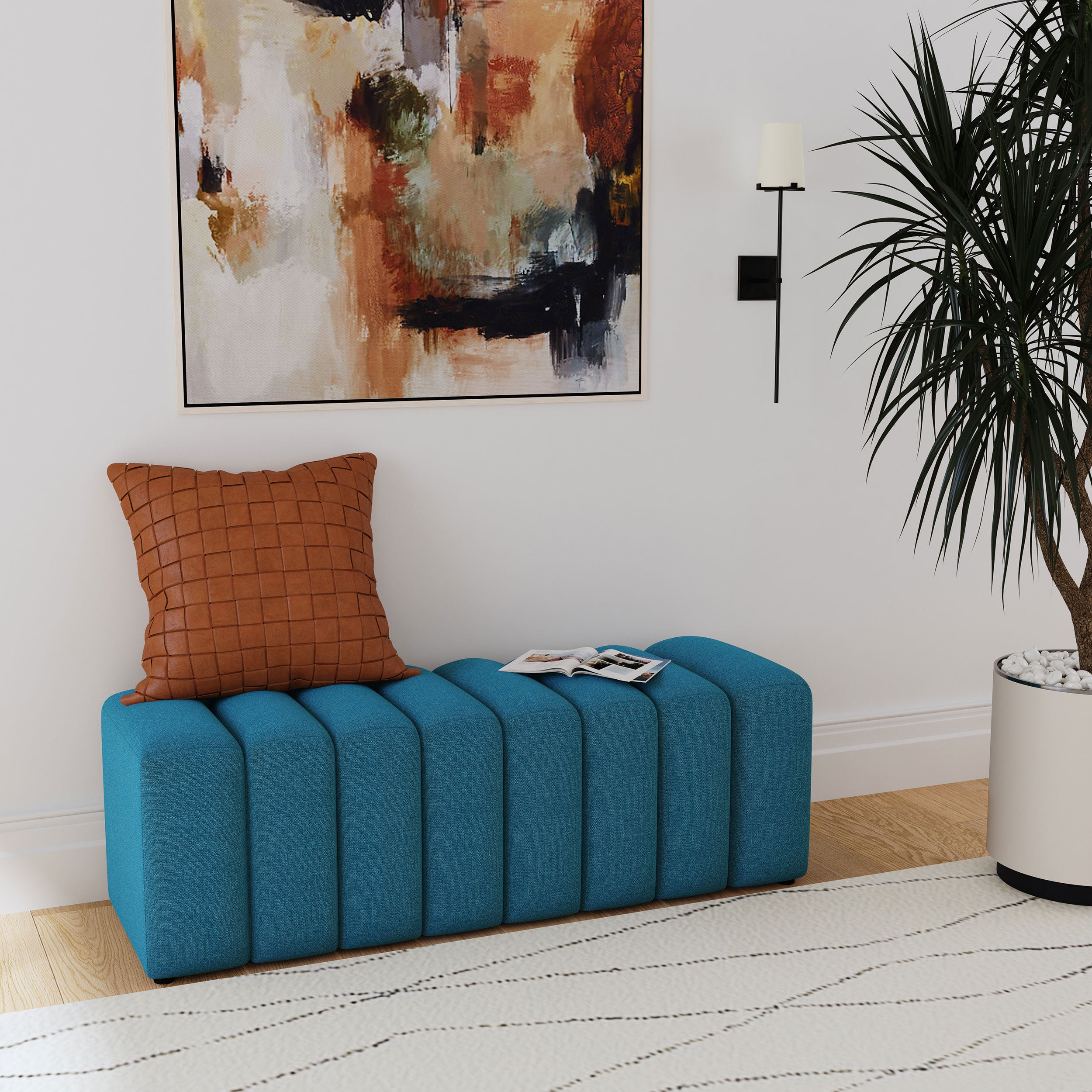DelSur Peacock Blue Fabric Upholstered Tufted Accent Bench