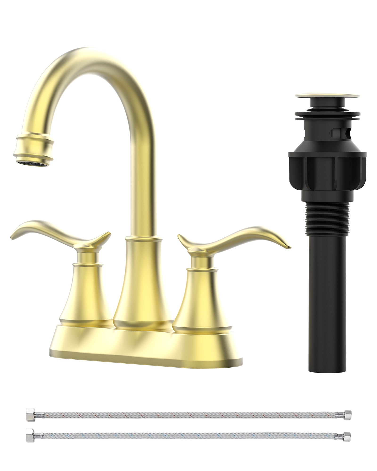 Bathroom Faucet Brushed Gold with Pop-up Drain & Supply Hoses 2-Handle 360 Degree High Arc Swivel Spout Centerset 4 Inch Vanity Sink Faucet