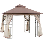 Outsunny 10' x 10' Metal Patio Gazebo, Double Roof Outdoor Gazebo Canopy Shelter with Tree Motifs Corner Frame and Netting, for Garden, Lawn, Backyard, and Deck, Brown