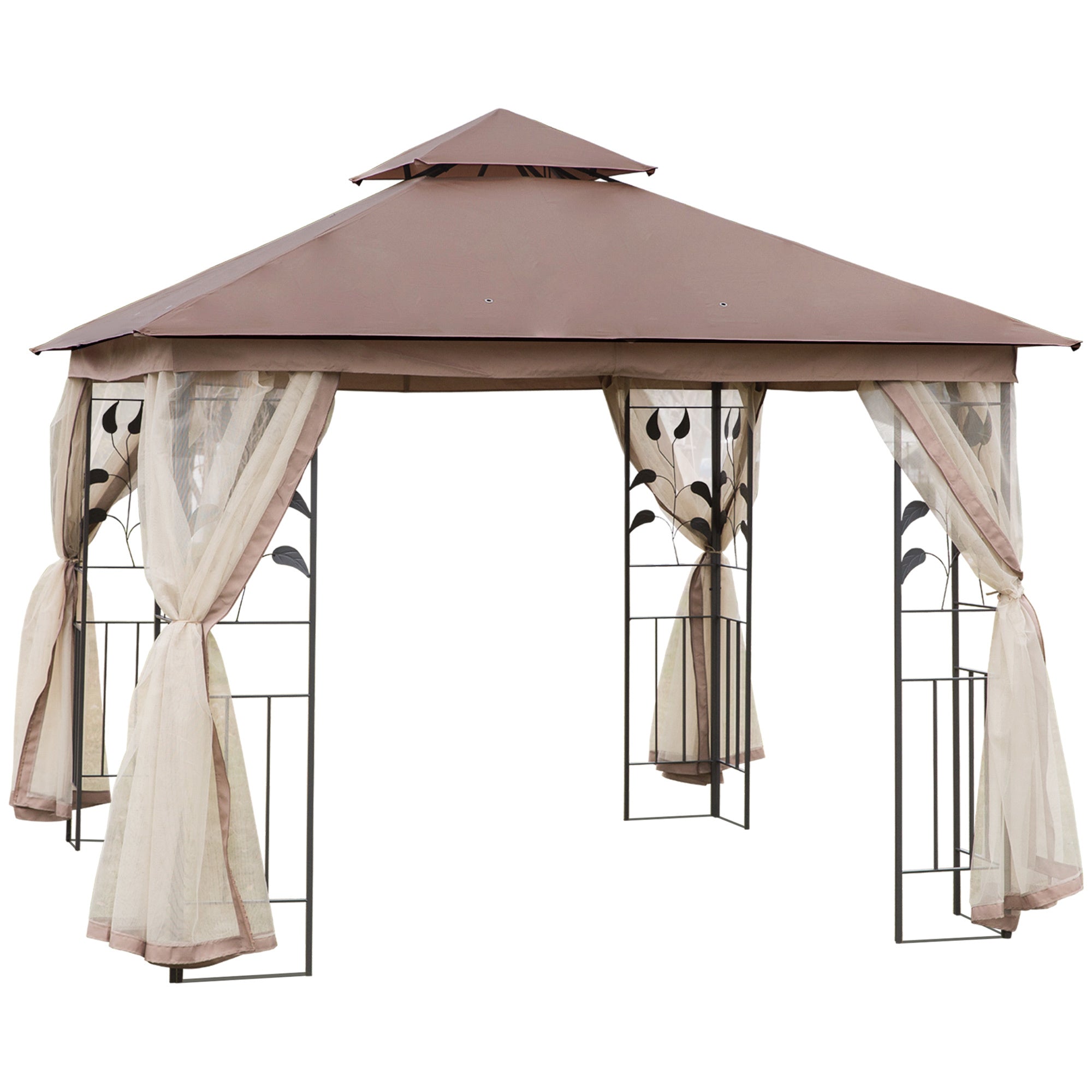 Outsunny 10' x 10' Metal Patio Gazebo, Double Roof Outdoor Gazebo Canopy Shelter with Tree Motifs Corner Frame and Netting, for Garden, Lawn, Backyard, and Deck, Brown