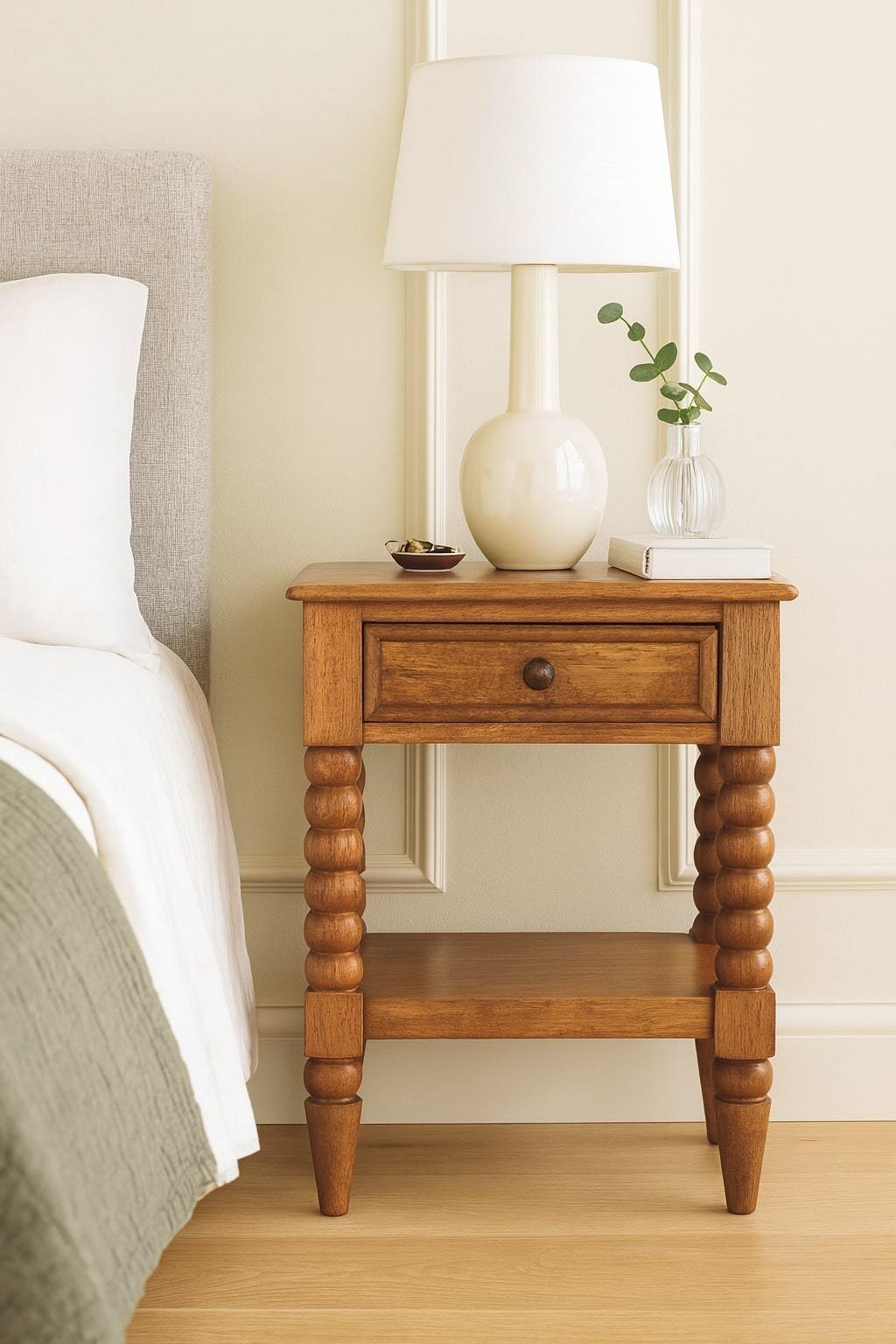 Solid Wood Spindle Bedside,Brown,1-Drawer,1-Shelf
