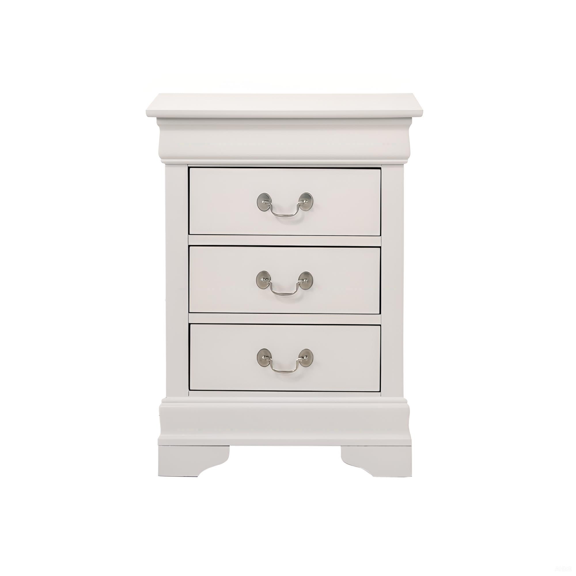 Charming Traditional Nightstand with Three Drawers in Bright White Particle Board