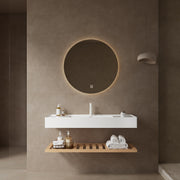 LEDE 48' Bathroom Vanity with Vessel Sink, Wall-Mounted Floating White Rectangular Acrylic Integrated Basin without Faucet, Striped Shelves Layer, Natural Woodgrain Color